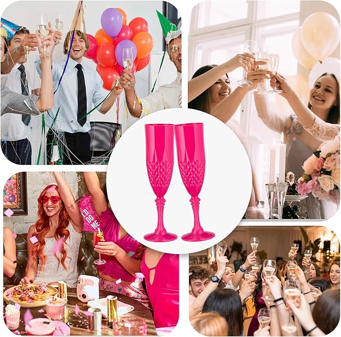 Plastic Champagne Flutes,Wine Glasses Goblets Set of 24,Mimosa Bar Shatterproof Reusable Vintage Champagne Flutes Stemmed Drinking Cups for Weddings, Bachelor Parties, Toasting,Cava, Prosecco(24,Pink)