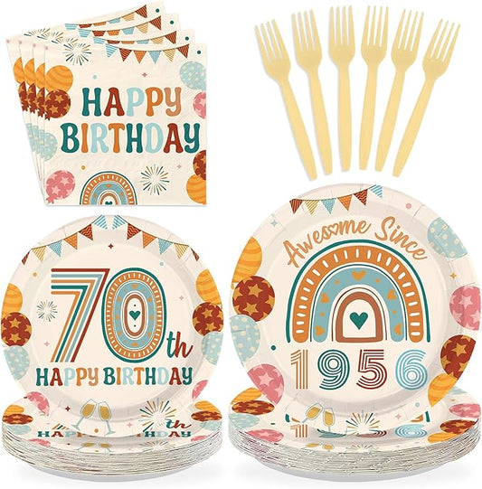 96Pcs 70th Birthday Party Decorations Boho Rainbow 70th Birthday Plates and Napkins Beige Vintage 1956 Disposable Paper Tableware Set for Men Women 70 Years Old Party Supplies Serves 24