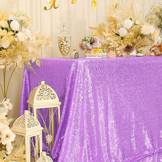 Eternal Beauty Lavender Tablecloth, 60x102 Inch Sequin Rectangle Table Cover for Cake Dessert Exhibition Party Birthday Events