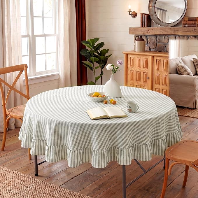 Boao Cotton 60 Inch Farmhouse Ruffle Tablecloth Sage Green White Striped Flounces Trim Table Cover for Round Table Kitchen Party Wedding Decor