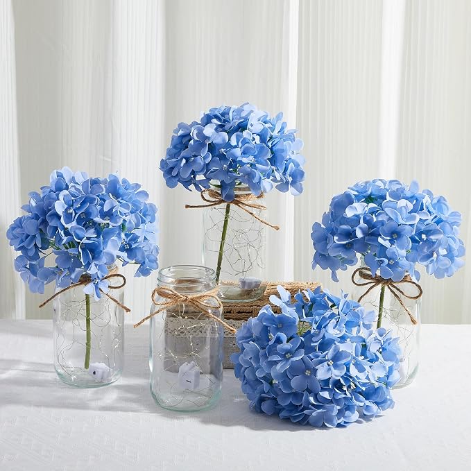 6 Sets Mason Jar with Lights Blue Hydrangea Decorative Blue Centerpieces for Tables Mason Jars Flowers Decorations LED Farmhouse Vase for Home Wedding Event Party Decor