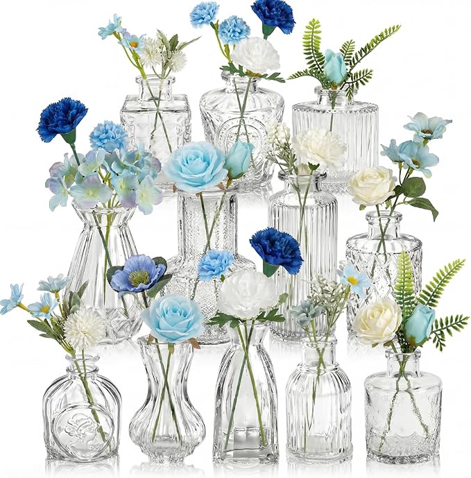 36 Pcs Artificial Flowers Table Centerpiece with Vases Colorful Wildflower Centerpieces Silk Flower Arrangement for Wedding Baby Shower Table Centerpieces Party(Blue Series,Clear)
