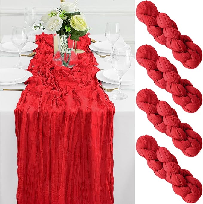 4Pack Red Table Runner 10FT Red Cheesecloth Table Runner 35x120Inch Long Boho Cheese Cloth Table Runners Rustic Gauze Table Runners for Party Christmas Wedding Bridal Baby Shower Decor
