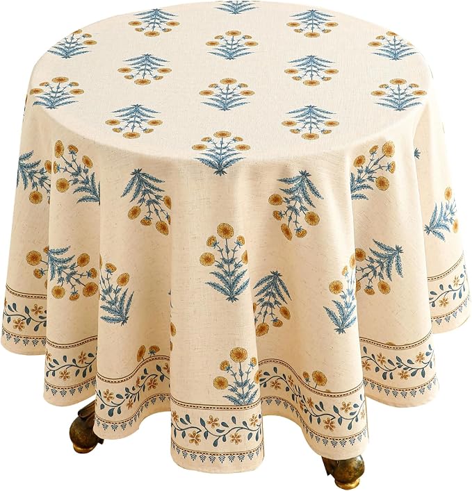 ISAENNE Designer French Linen Round Tablecloth,Diameter 67"-Estevan A | Vintage Elegant Beautiful Printed Table Cloth,Pale Yellow Floral Pattern,Durable,Dining,Kitchen,Tea Party,Thanksgiving