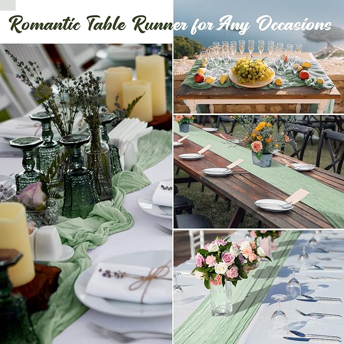 Foaincore 12 Pack Cheesecloth Table Runner 13ft Boho Gauze Table Runner Rustic 157" Long Cheese Cloth Romantic for Wedding Bridal Baby Shower Arbor Decor(Green)