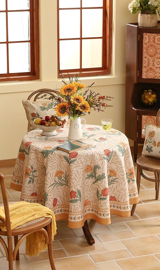 patdrea Vintage Linen Tablecloth,Round,Diameter 67"-RosaSilvestre A | French Heavyweight Table Cloth for Round Table,Yellow Floral Patterned,Dining Room Kitchen Tea Party Decoration