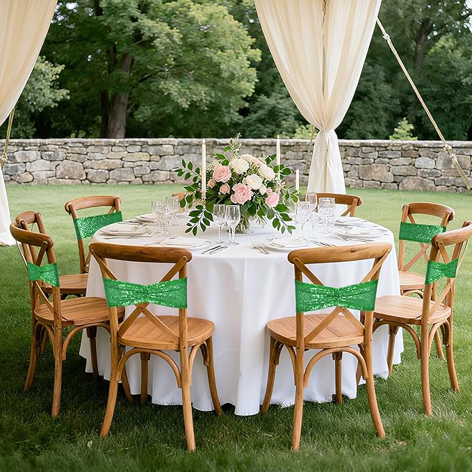 SquarePie 50 Pcs Sequin Chair Sashes Green Glitter Sequin Sashes Bands Decorative Chair Ties Bows for Wedding Party Festive Decor