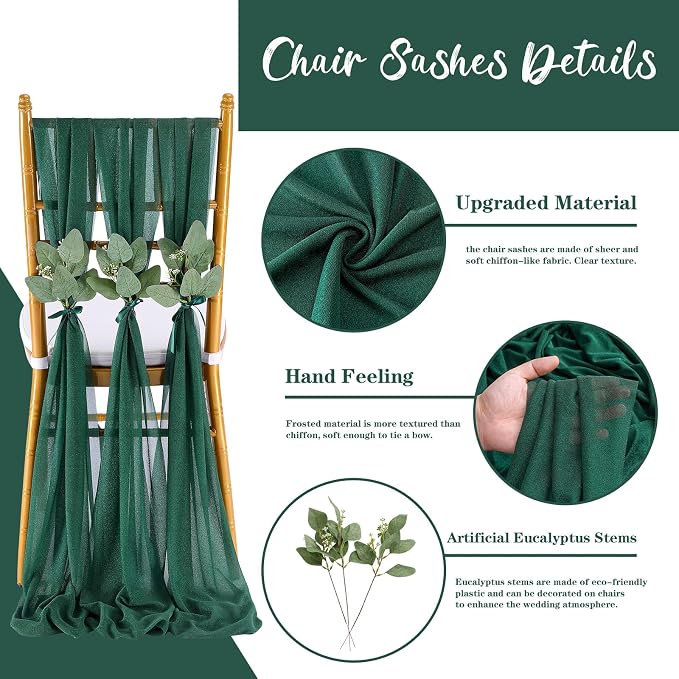 QueenDream Emerald Green Chair Sashes Wedding Aisle Decorations: 24 Packs 8ft Long Draping Fabric Sheer Church Chair Cover Bulk for Party Banquet