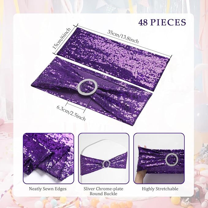 54 Pieces of Purple Sequin Chair Ribbons and Table Runners, 48 Sequin Chair Bows, 6 Glitter Table Runners, Suitable for Wedding Parties Birthday Meeting Events Decorations (Purple)
