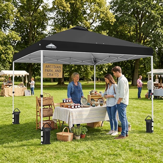 EAGLE PEAK Pop Up Canopy Tent with Wheeled Carry Bag, 8 Stakes, 4 Ropes, 4 Weight Bags, Easy Set Up Tent Canopy, 10x10 ft, 100sqft of Shade, Black