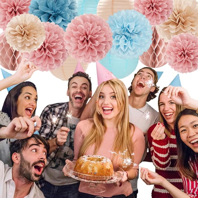 Dusty-Blue Pink Party-Decorations Paper Lanterns - 15pc Gender Reveal Tissue Pom Poms Streamers,Birthday Bachelorette Bridal Baby Shower Engagement Wedding Decor Panduola
