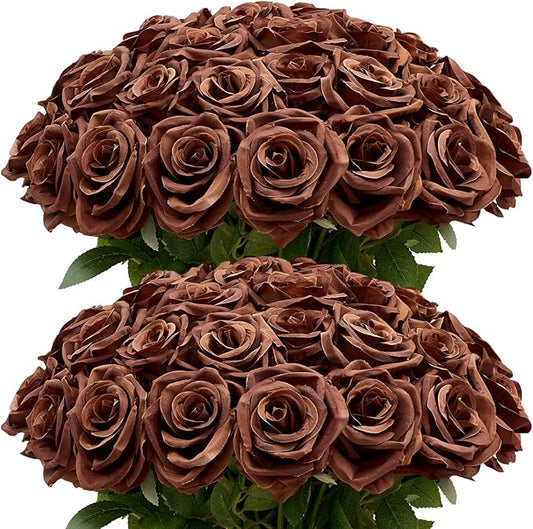 100 Pcs Artificial Roses Bulk Silk Chocolate Roses Tan Roses for Wedding Centerpieces Bridal Bouquet Mohter's Day Valentine's Day Home Decor