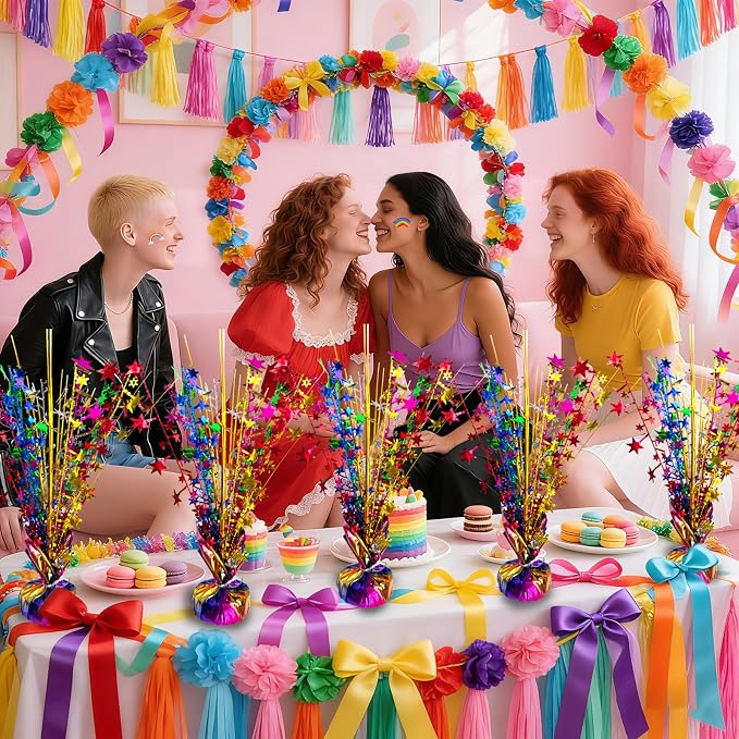 FUBININA 6 Pack Metallic Colorful Table Centerpiece Party Decoration Rainbow Theme Foil Spray Glitter Decor Star Tabletop Birthday New Year Fiesta Mexican Taco Cinco De Mayo Party Supplies, Multicolor
