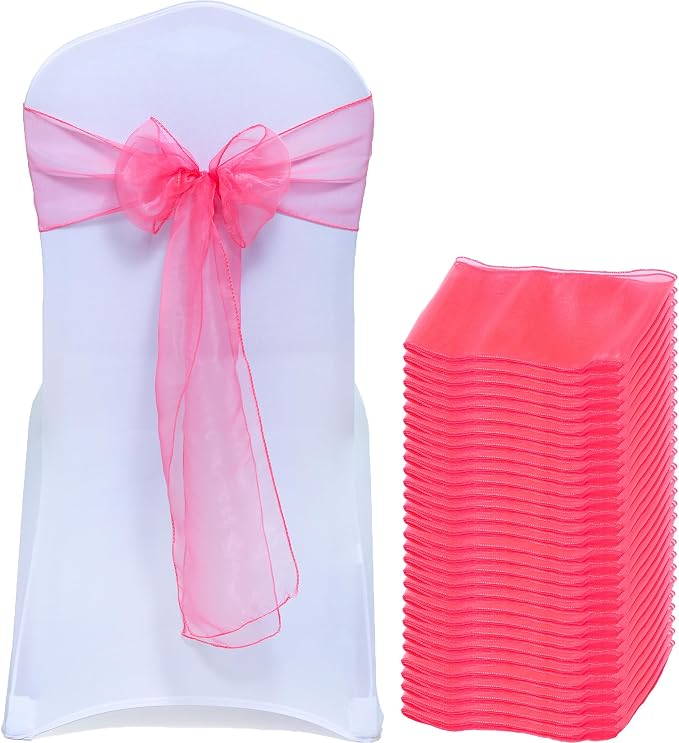 MDS® Pack of 75 Organza Chair Sashes for Wedding Decoration, Reusable Sheer Chair Bows for Banquet Chair Cover, Reception, Bridal Shower, Baby Shower, Birthday Party & Special Events - Coral
