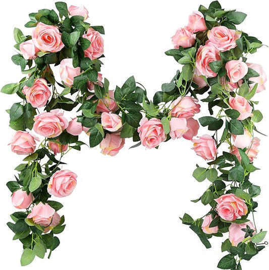 FiveSeasonStuff Amaranth Pink Artificial Rose Garlands, Four Separate Faux Flower Vines with Greenery