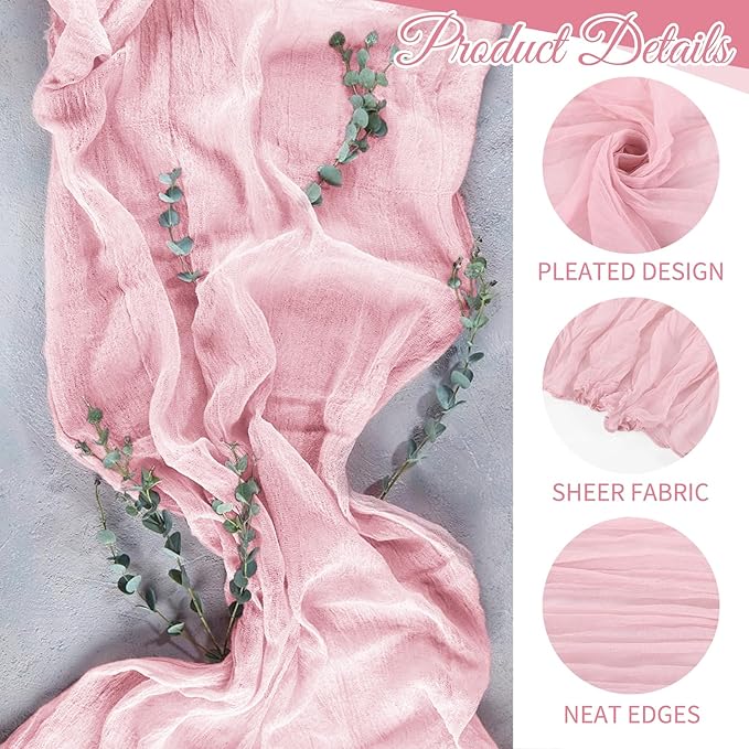 10 Pack Light Pink Cheesecloth Table Runner 17x108 Inch Semi Sheer Boho Gauze Cheese Cloth Table Runners, for Wedding Bridal Shower Birthday Party Home Decor Garden Farmhouse