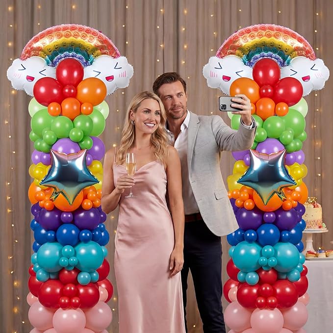 Skylety 2 Sets Rainbow Balloon Column Stand Kit Adjustable Colorful Balloon Stand with Bases for Birthday Wedding Anniversary Graduation Party Baby Shower Decorations Supplies