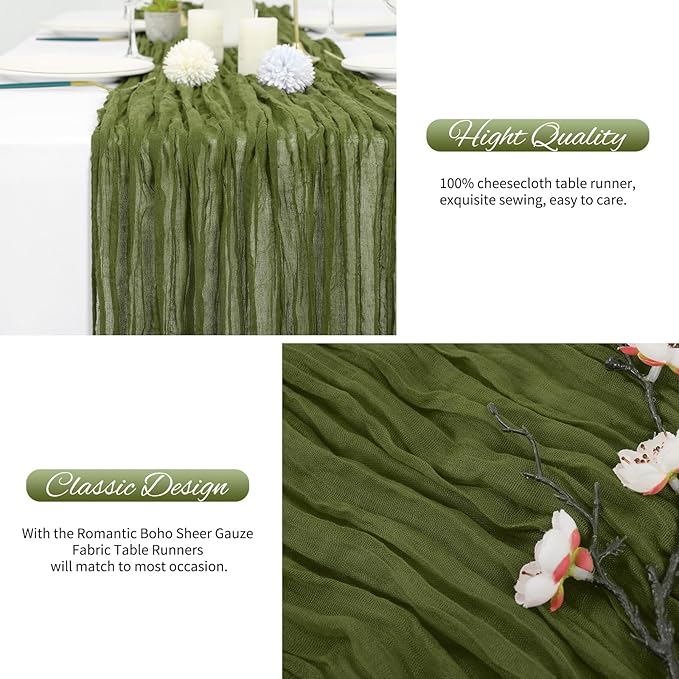 20 Pack Olive Green Cheesecloth Table Runner 120 Inch 10FT Rustic Boho Gauze Cheese Cloth Table Runner for Wedding Party Baby Shower Thanksgiving Christmas Decoration