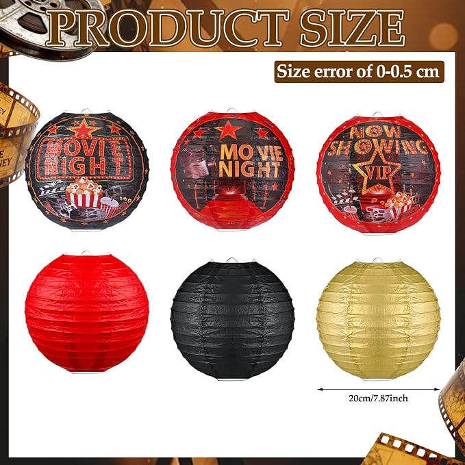 Panelee 12 Pcs Movie Night Party Decorations Theme Hanging Paper Lanterns with Popcorn Trophy Microphone Film Reel Lanterns Decorative for Movie Night Theater Home Carnival Birthday Party