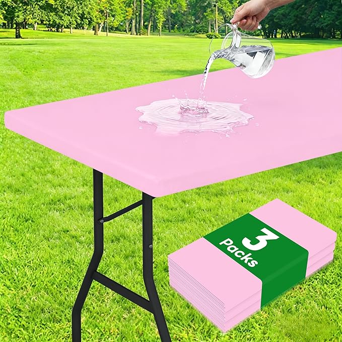 Smiry 3 Pack Rectangle Table Cloth, Elastic Fitted Flannel Backed Vinyl Tablecloths for 8ft Folding Tables, Waterproof Wipeable Table Covers for Indoor, Outdoor, Camping and Picnic (Pink, 30"x96")