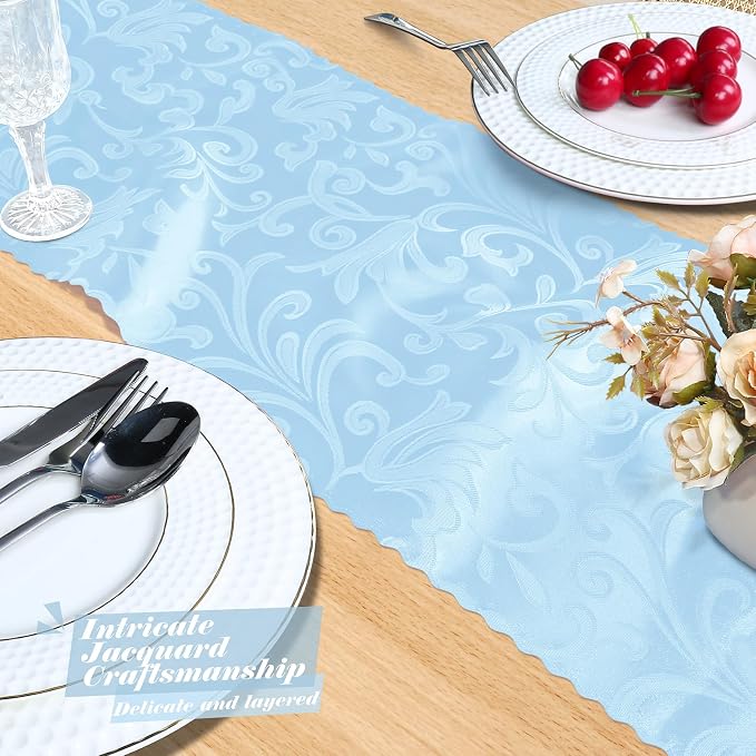 MILVOWOC 12 Pack Light Blue Satin Table Runner, 12 x 72 Inch Jacquard Damask Rectangle Bright Silky Decorative Table Runner for Party Banquet Birthday Dinner Wedding Table Decor