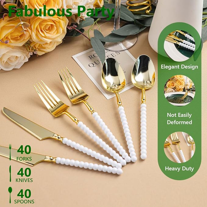 120 Pcs Gold Plastic Silverware,Gold Plastic Utensils with White Beads Handle,Fancy Disposable Cutlery Set Include 40 Forks 40 Knives 40 Spoons for Party & Wedding