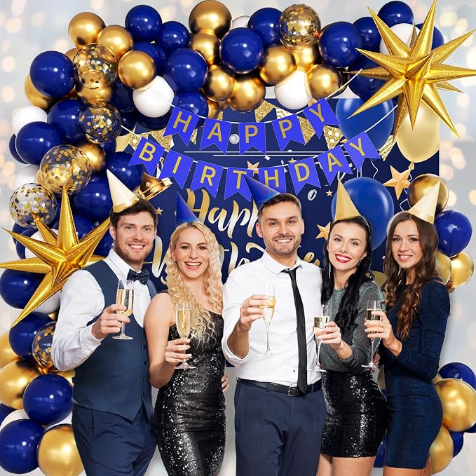 Blue and Gold Birthday Decorations, Blue Gold White Foil Balloons Happy Birthday Banner Blue Tablecloth Backdrop for Happy Birthday Decorations for Men
