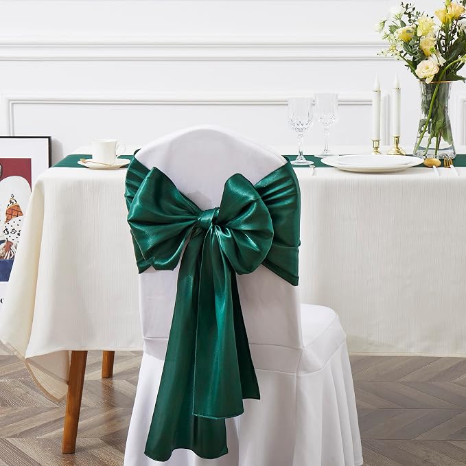 10 Pcs Blackish Green Satin Chair Sashes Bows Universal Chair Cover for Wedding Reception Events Banquets Party, Hotel Event Decorations, 6 x 108 inch