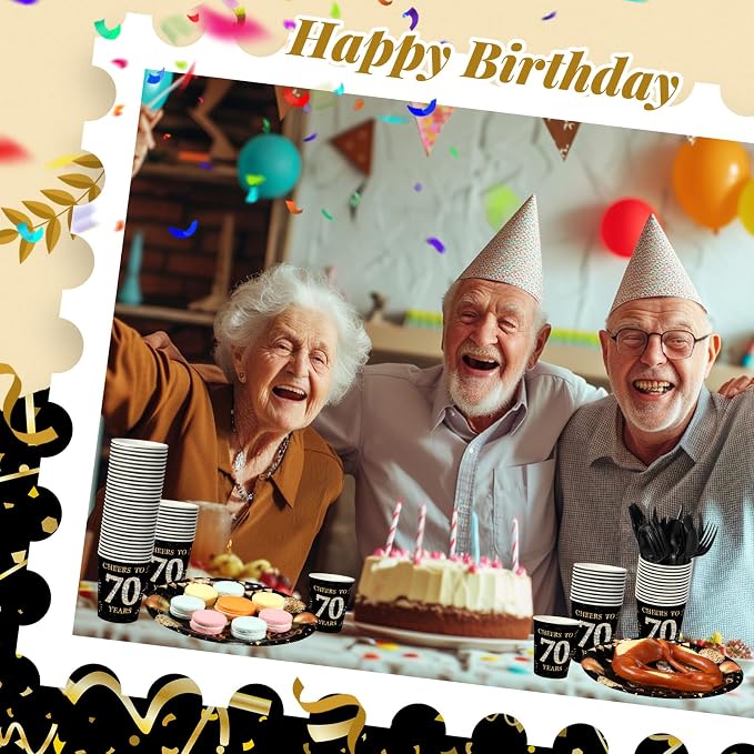 240 Pcs 70th Birthday Decorations 1956 Birthday Party Tableware Include Plates Napkins 9oz Cups Cutlery 70th Anniversary Party Supplies for Men Women Him Her, Serve 30 Guests (Black Gold)