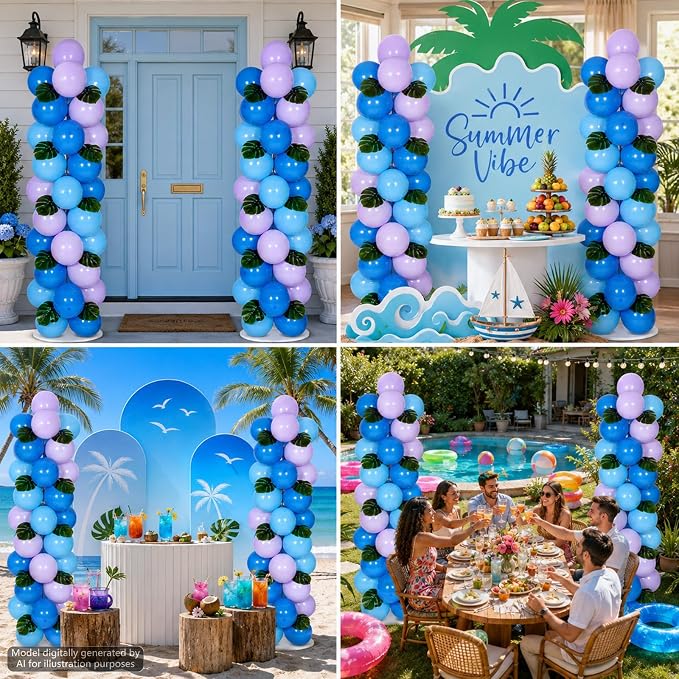 2 Sets Blue Purple Balloon Column Stand Kit with 99 Blue Purple Foil Balloons 10 Palm Leaf 5.57ft Adjustable Balloon Tower Stand with Bases Adjustable Arch Column for Tropical Birthday Party Decor