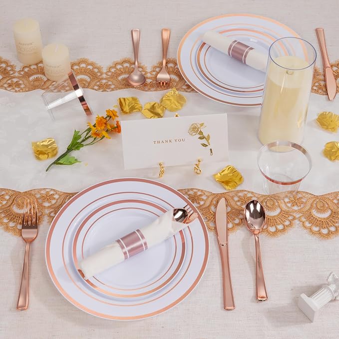 realluck 350 PCS White and Rose Gold Plastic Dinnerware Set for 50 Guests, 100 Plates for Party, 50 Pre Rolled Napkins with Gold Silverware, 50 Cups