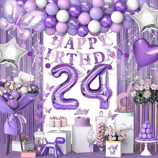 24th Purple Birthday Decorations for Women, Purple Pink 24th Birthday Decorations Butterfly Theme Lavender Party Decor Set with Number Balloons, Banner, Sash, Butterfly Stickers