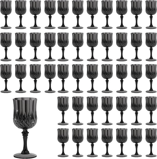 7OZ Plastic Wine Glasses, Reusable Vintage Goblets Unbreakable Drinking Glasses Crystal Water Cups Champagne for Wedding, Parties (48, Black)
