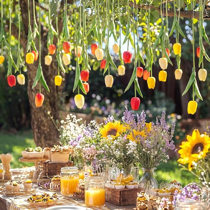 24 Pack Gradient Yellow 5 ft Artificial Tulips Hanging Flower Garland Decorations Spring Summer Dangling Faux Tulip Floral Vine Strings with Hooks for Wall Ceiling Wedding Tea Party