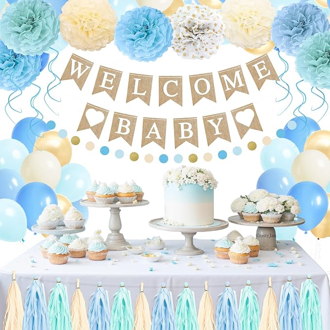 Blue Baby Shower Decorations for Boy with Welcome Baby Banner, Blue Champagne Balloons, Tassel Garlands, Swirls, and Paper Pom Poms for Boho Baby Shower or Gender Reveal Party Supplies