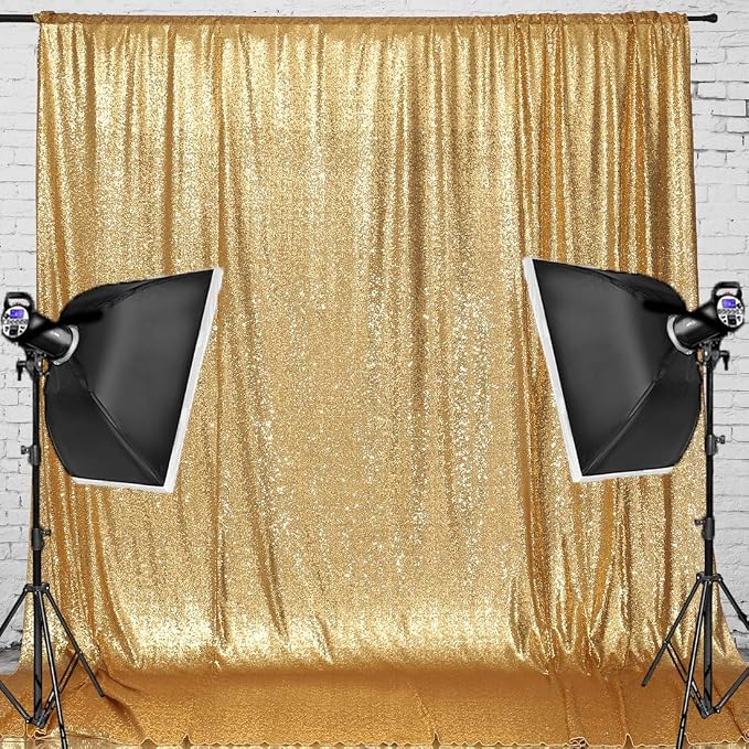 PartyDelight Light Gold Sequin Backdrop 8x8ft 4 Inch Rod Pocket | Dense 3mm light gold sequins on mesh backing with 4 inch rod pocket for group photos wedding walls stages and banquet focal