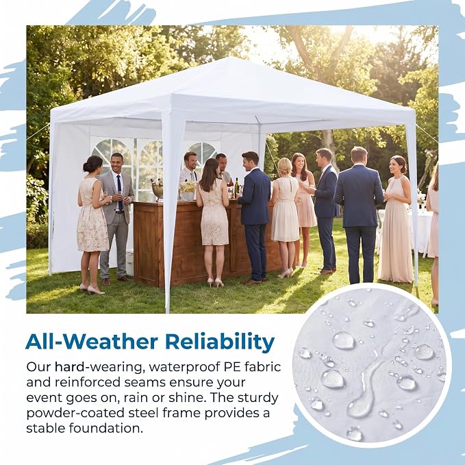 10x10 Canopy Tent, Portable Waterproof Outdoor Tent with 3 Removable Sidewalls, Party, Wedding, Camping & Backyard Shelter, White