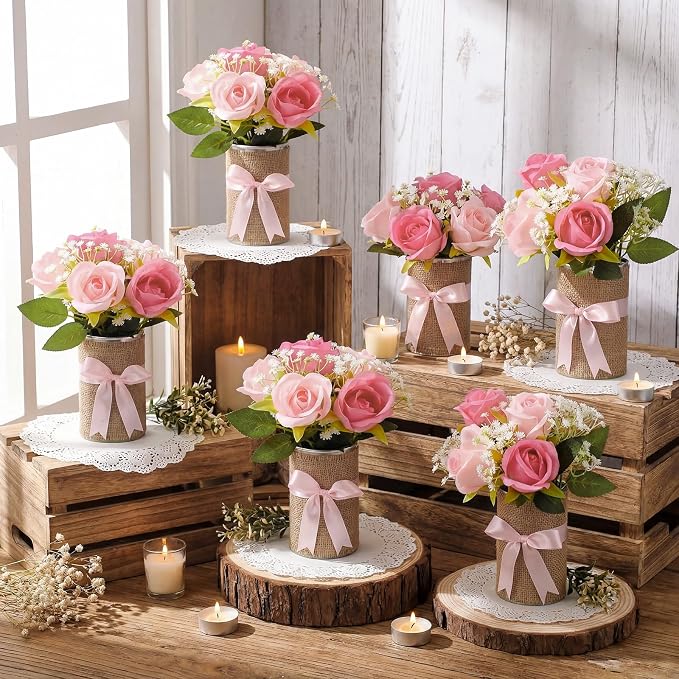 Suncalla 45 Pcs/6 Set Floral Baby Shower Decorations for Girl Rustic Vase Table Centerpieces with Burlap Bow Pink Flower Metal Vases Decor for Baby Girls Wedding Reception Picnic Party Table Decor