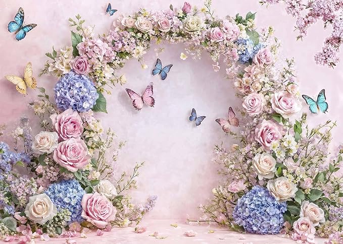 9x6ft Pink Butterfly Floral Backdrop Baby Shower Colorful Flowers Backdrops for Photograph Background Wedding Girl Birthday Table Cake Party Decorations Photo Studio Props