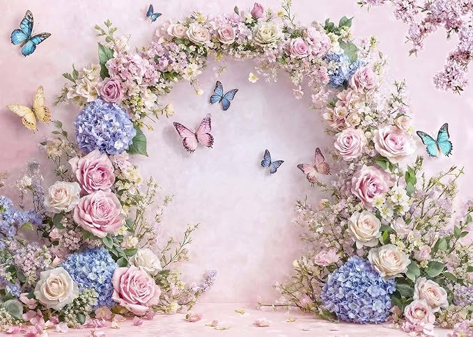 8X6ft Pink Butterfly Floral Backdrop Baby Shower Colorful Flowers Backdrops for Photograph Background Wedding Girl Birthday Table Cake Party Decorations Photo Studio Props