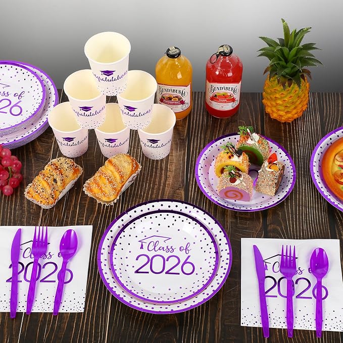 175pcs Class of 2026 Graduation Plates and Napkins Set, Disposable Paper Plate Set Polka Dots Napkin Cups Knife Fork Spoon for Graduation Party Decorations and Supplies,Serve 25 (White Purple)