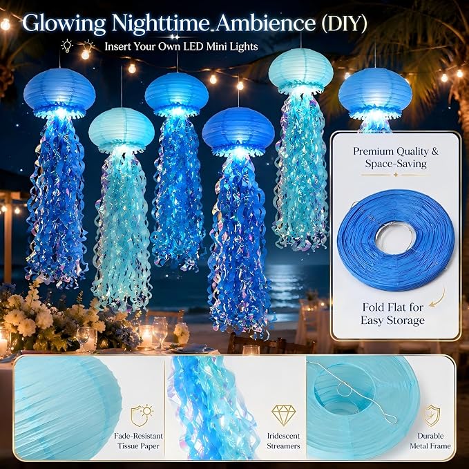 10" Blue Jellyfish Paper Lanterns, Under The Sea Party Decorations, Mermaid Birthday Decorations for Girls, Hanging Ocean Themed Pool & Beach Party Decor, DIY Jellyfish Lamp Room Decor, 6 PCS