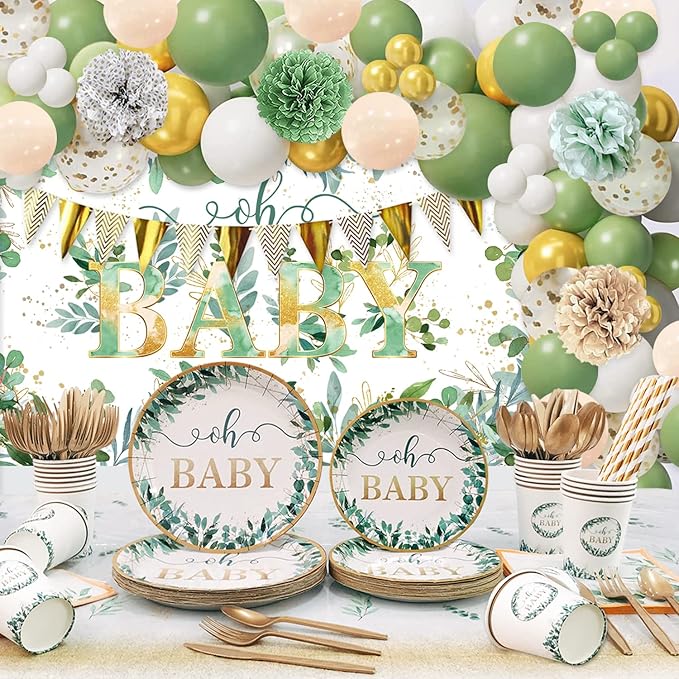 Sage Green Baby Shower Decoration for Girl Boy Kit,239 PCS YHFNDIYS Boho Greency Neutral Party Supplies (20 Guest) with Paper Plates Cups Napkins Straws Oh Baby Tablecloth Backdrop Balloons Arch Kit