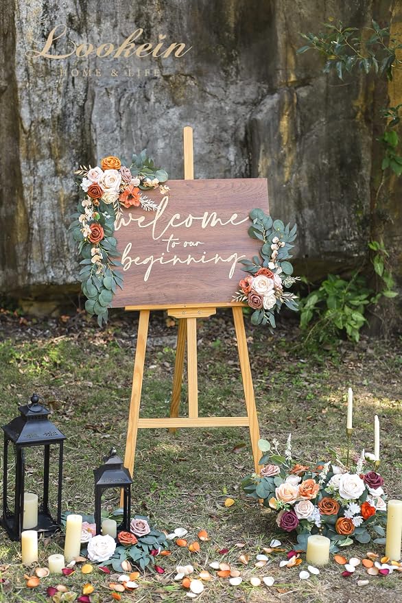 Lookein Artificial Flower Swag for Wedding Welcome Sign Floral Decoration for Wedding Ceremony Wedding Reception Entry Decoration Set of 2, Chic Terracotta