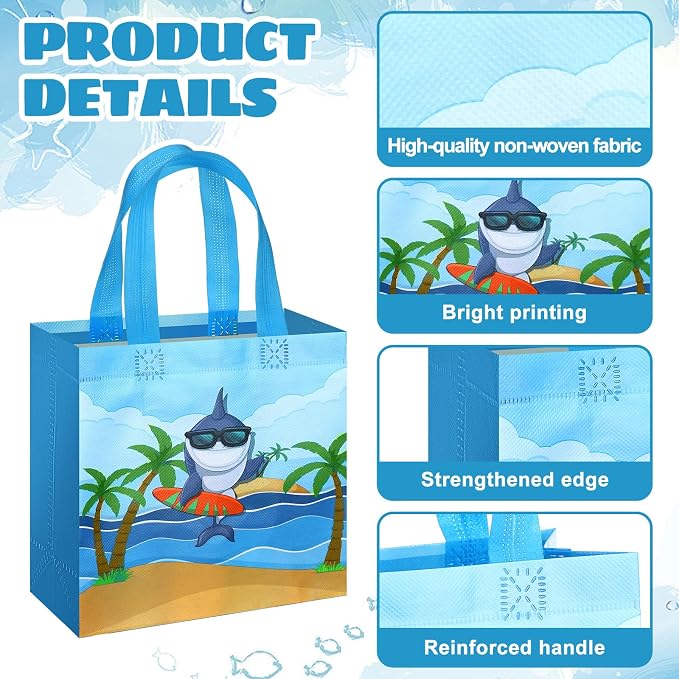 Sweetude 40 Pcs Shark Gift Party Favor Bags with Handle, Non Woven Goodie Bags Birthday Favor for Birthday Baby Shower Packaging Supplies