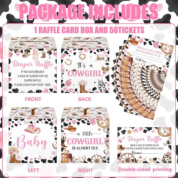 Teling 51 Pieces Diaper Raffle Tickets with Card Box Baby Shower Decorations Gender Reveal Holder Box for Girl Boy Diaper Raffle Party (A Little Cowgirl is on the Way)
