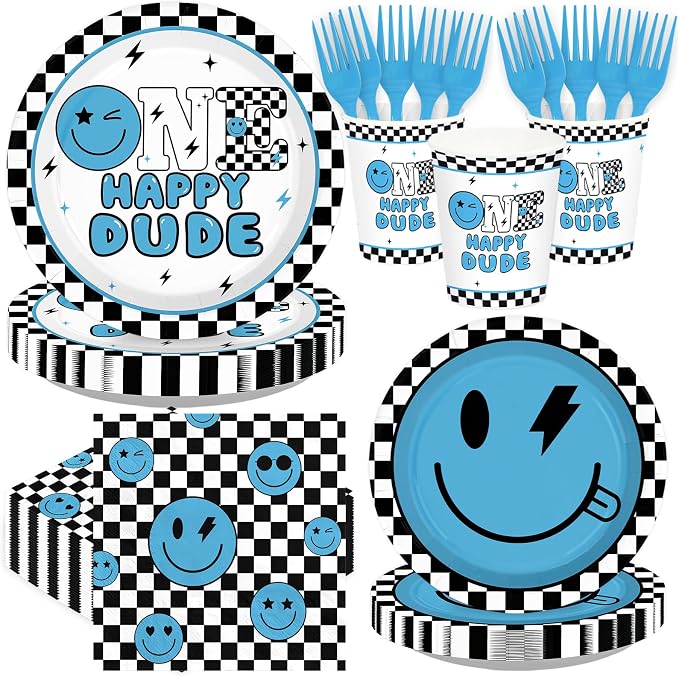 250Pcs One Happy Dude 1st Birthday Party Decorations Blue Smile Face Plates Napkins Cups Forks Tableware Set Black White Plaid Decoration for One Years Old Boy Birthday Baby Shower Supplies Serves 50