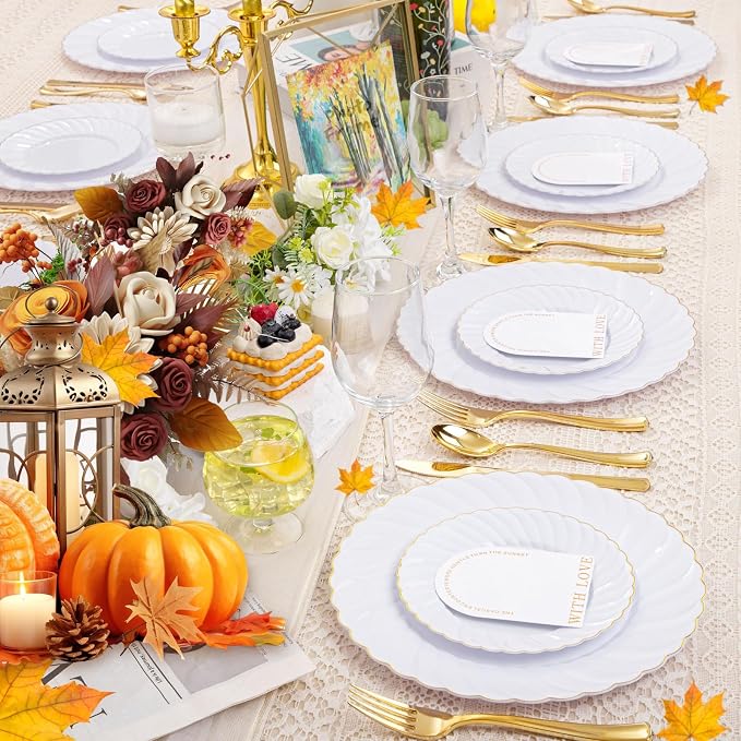 YOUBET 125PCS White Plastic Plates with Gold Rim, Gold Plates Disposable with Golden Silverware Include 25 Dinner Plate 25 Dessert Plate 25 Forks 25 Knives 25 Spoons For Wedding, Parties