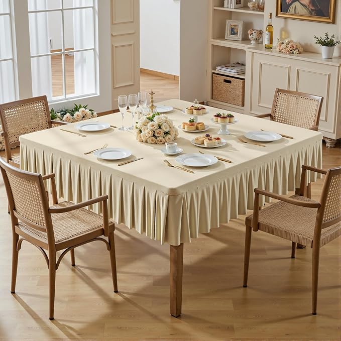 Wish Care Natural Spandex Tablecloths for 48x48 Inch Square Tables, Stretch Fitted Table Clothes with Pleated Ruffle Skirt for 48” Table, Wrinkle Free and Elastic, for Party Kitchen Home Dining