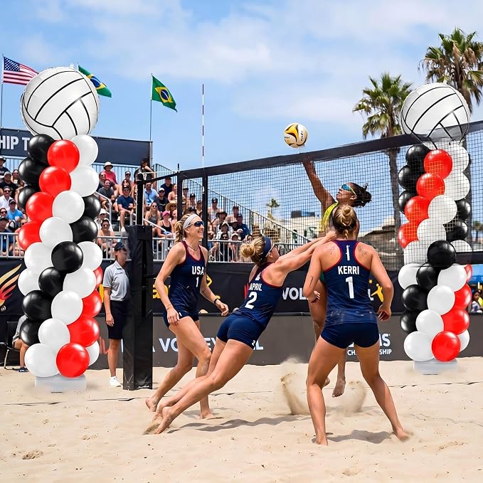 Kasyat 2 Sets Volleyball Balloon Column Stand Kit Red Black White Volleyball Sports Balloons Adjustable Balloon Arch Stands for Senior Night Decorations Birthday Supplies
